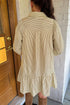 Brown Stripe Collared Neck Cuffed Long Sleeve Drop Waist Mini Dress